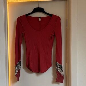 We The Free Red Long Sleeve Top with Black and White Cuff Accents